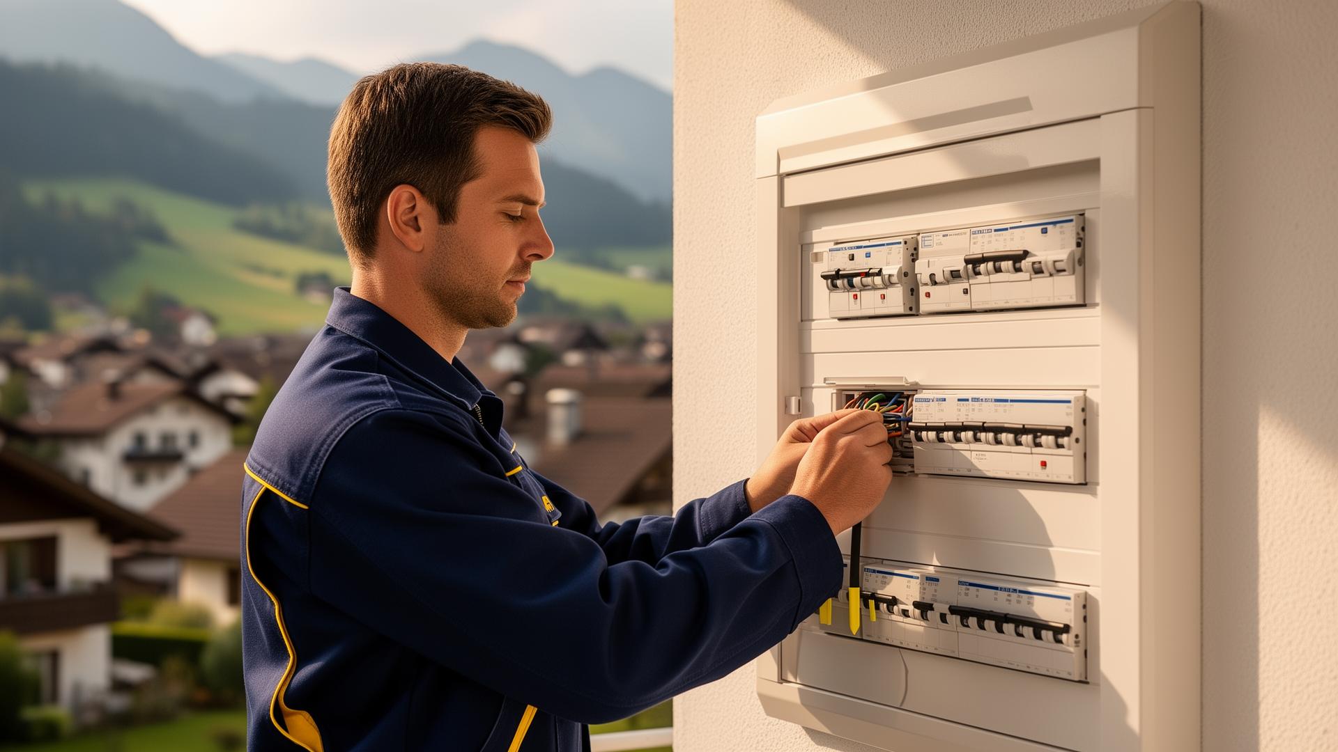 Elektriker bei der Arbeit am Zählerschrank in Wangen im Allgäu